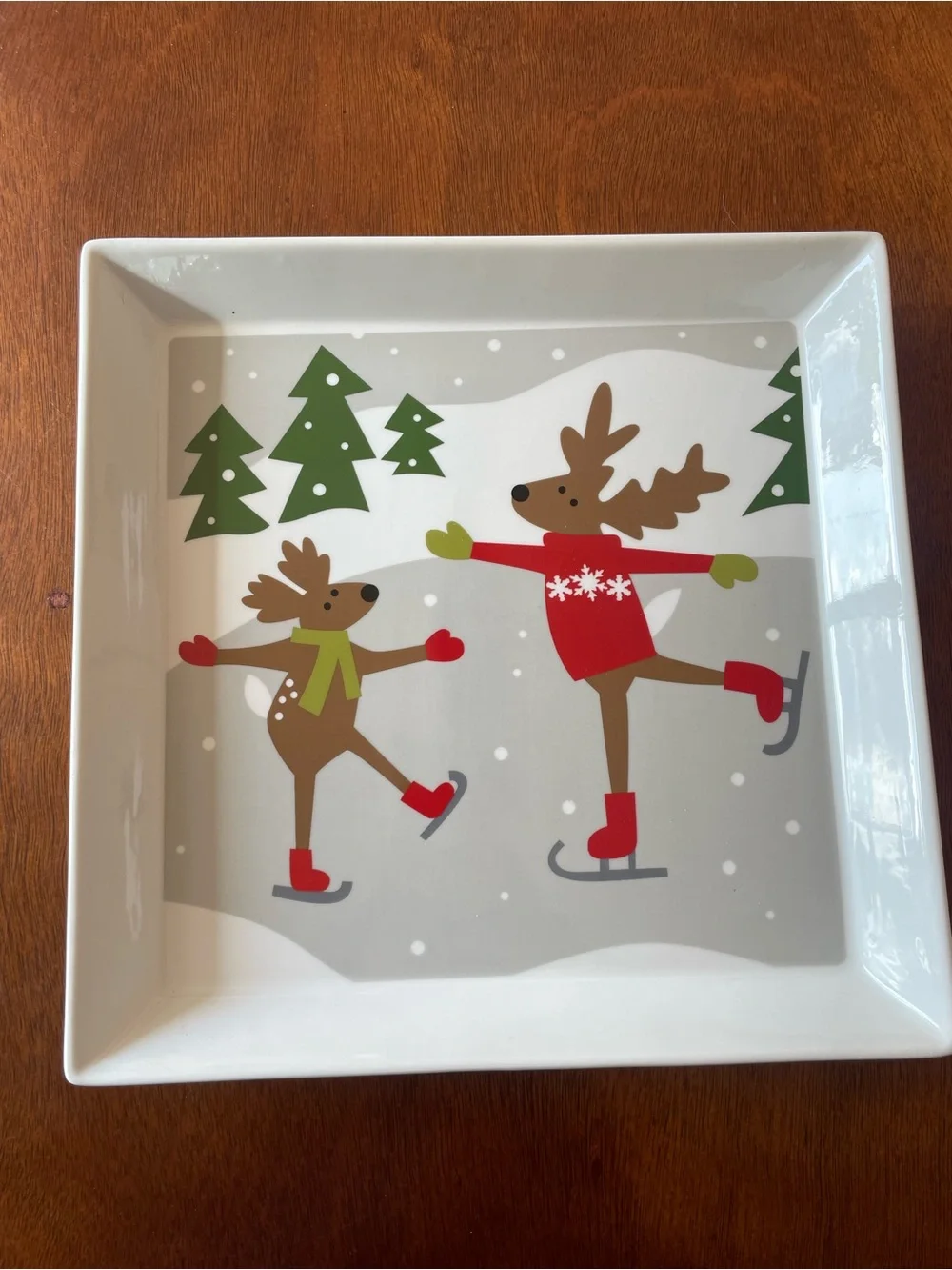 CRATE&BARREL Skating Reindeer Square Serving Plate Joan Anderson 2016 Holidays